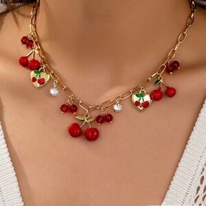 Enchanted Choker Cherry Cubic Zirconia Charm Paperclip Chain Gold Necklace